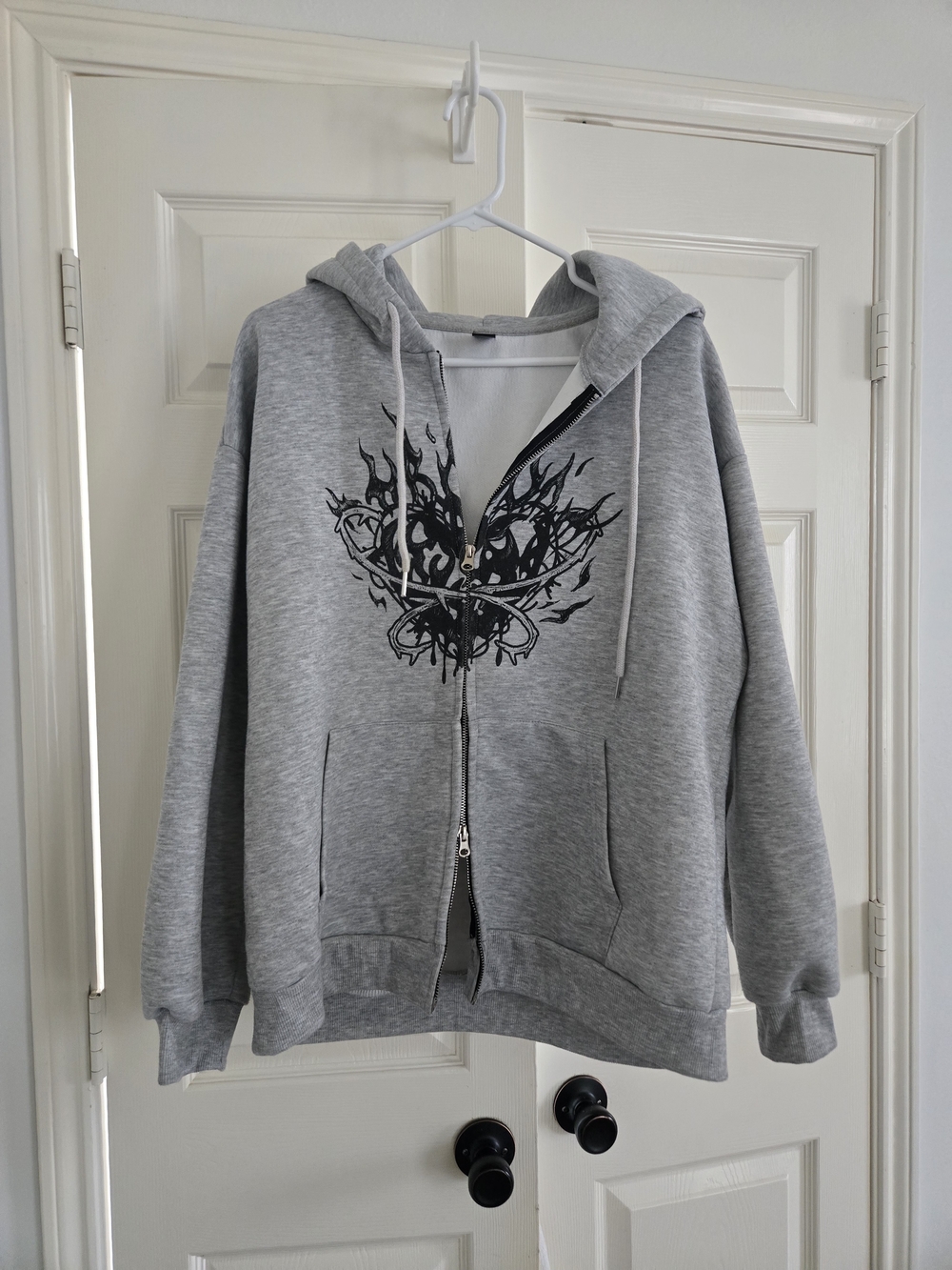 Grey Zip Hoodie with Black Flame Heart Graphic